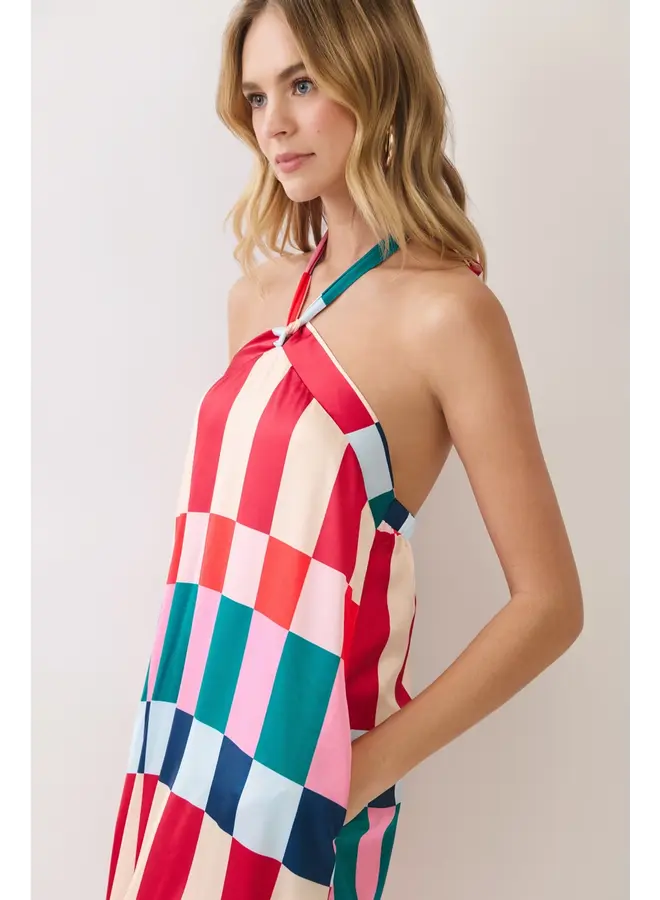 Colorblock Check Halter Maxi Dress-