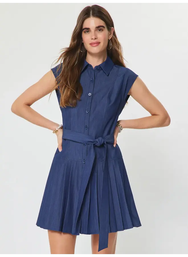 Denim Button Down Pleated Mini Dress -