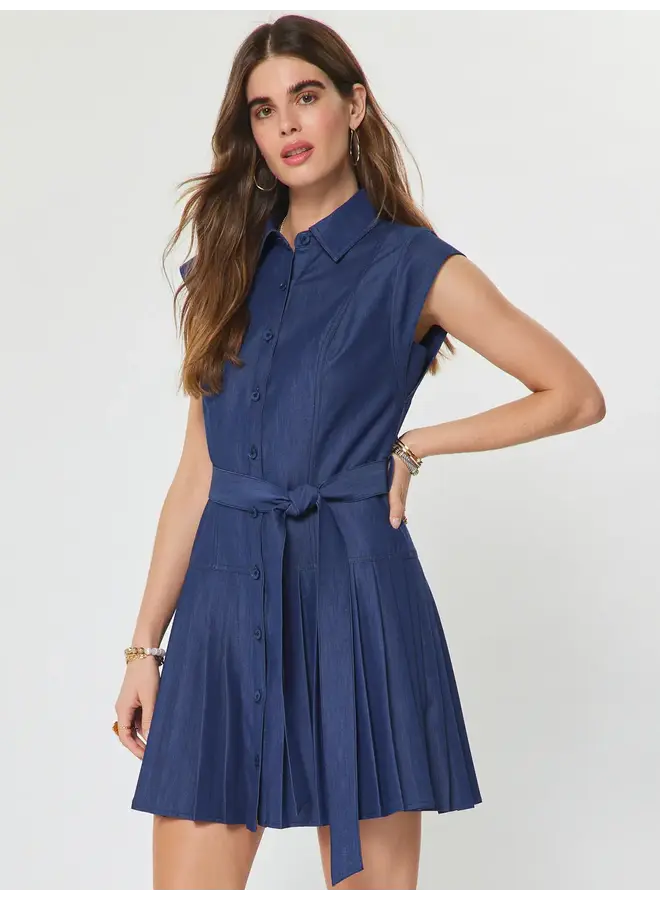 Denim Button Down Pleated Mini Dress -