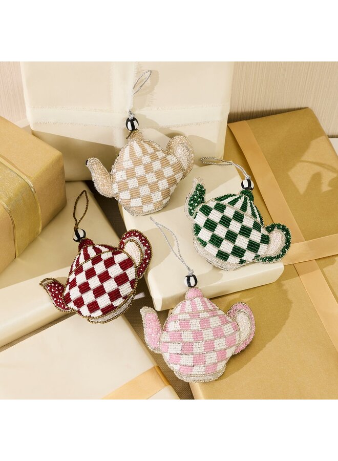 Emerald Check Teapot Beaded Ornament