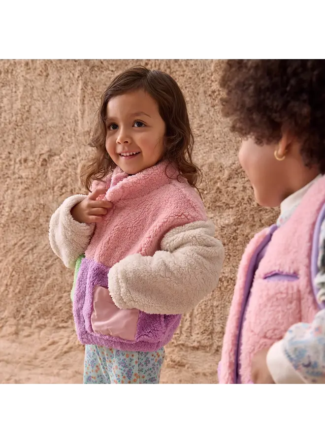 PINK COLORBLOCK SHERPA GIRLS JACKET
