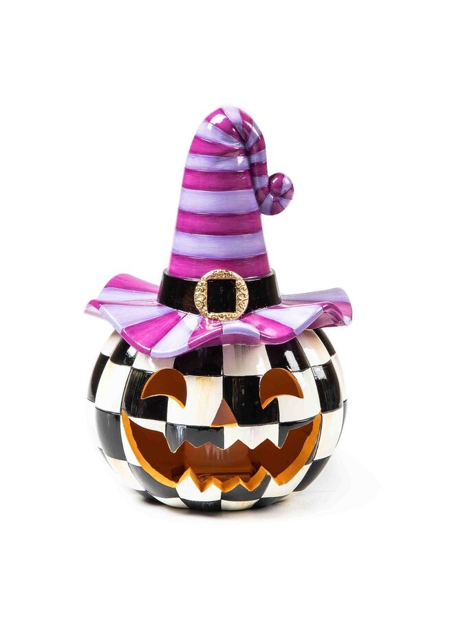 Illuminated Happy Jack Pumpkin with Purple Hat