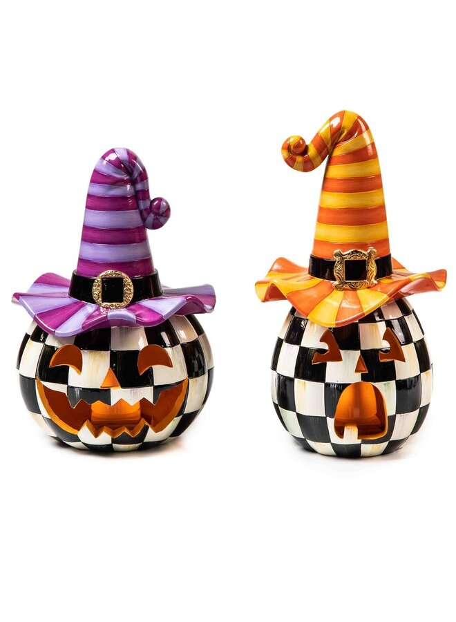Illuminated Happy Jack Pumpkin with Purple Hat
