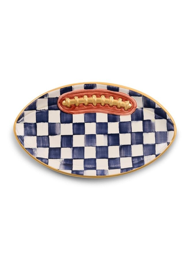 Indigo Check Ceramic Football Platter