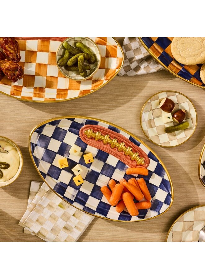 Indigo Check Ceramic Football Platter