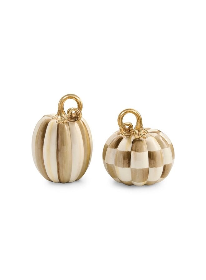 Mocha Check and Stripe Petite Pumpkins, Set of 2