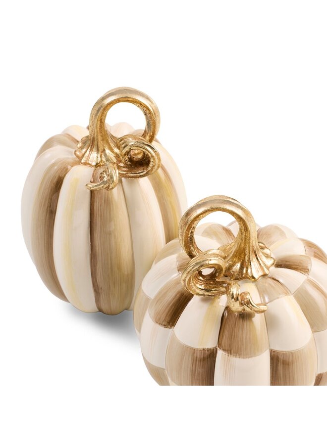 Mocha Check and Stripe Petite Pumpkins, Set of 2