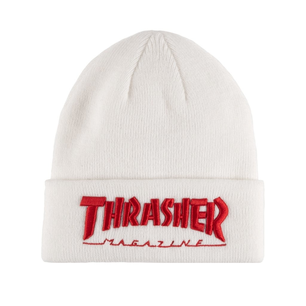 thrasher thrasher embroidered logo white red beanie