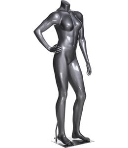 Mannequin femme sportive sans tête, fibre de verre gris lustré