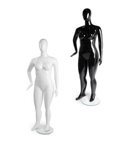 Mannequin femme taille forte noir ou blanc lustré, base ronde en verre