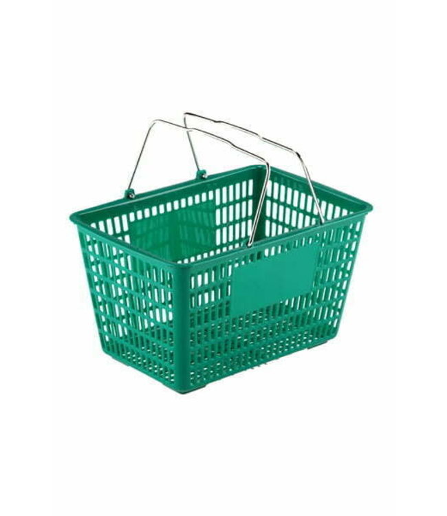 Plastic hand shopping basket with two metal handles.