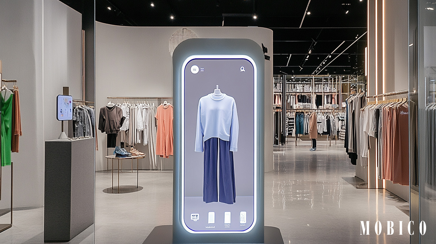Boutique de vêtement avec écran interactif pour faire la promotion de nouveautés