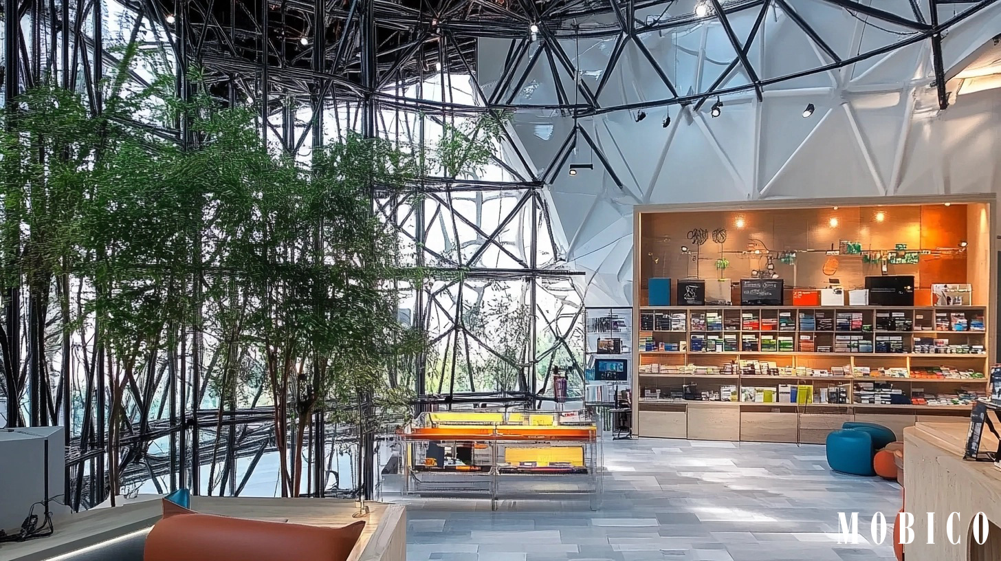 Librairie avec espaces détentes et plantes pour une ambiance relaxante