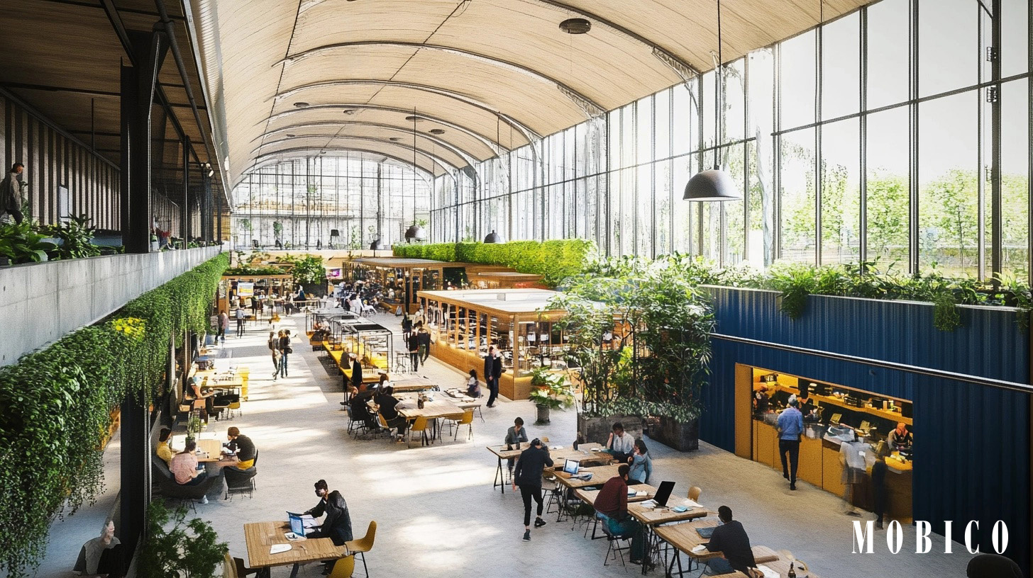 Espace commercial regroupant plusieurs nouvelles entreprises et des espaces de coworking et de discussion