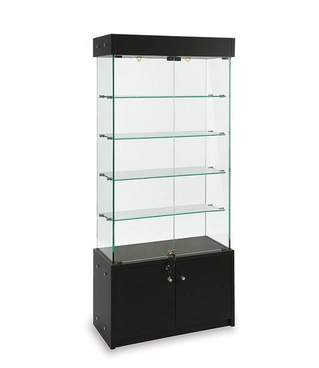 Wall or central glass display case with storage 72''H