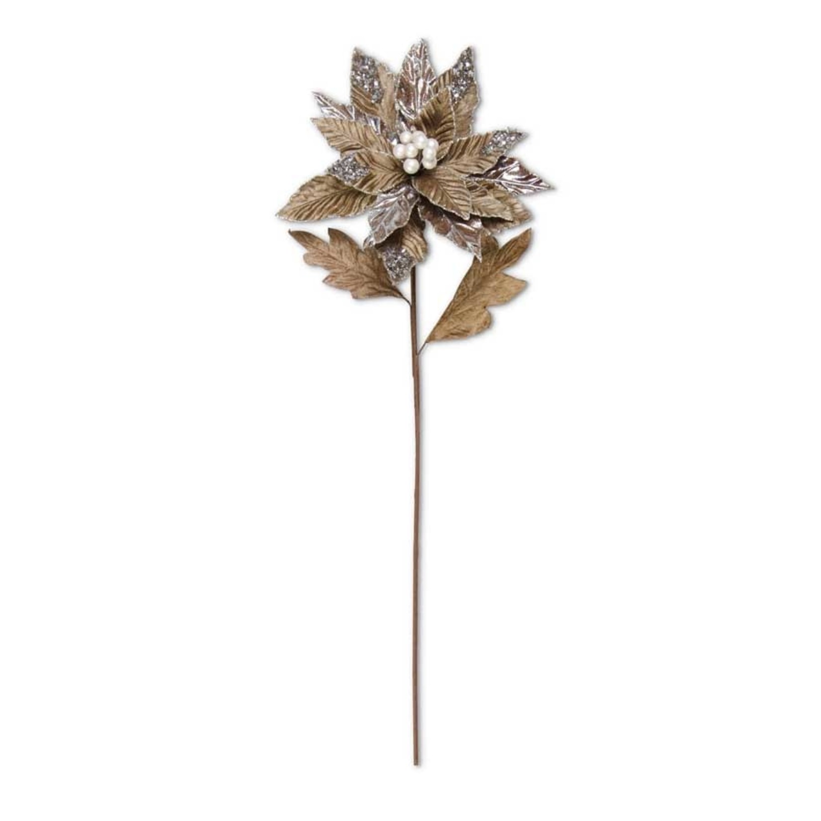 26 Inch Dark Brown Metallic Poinsettia Stem With Silver Sequins