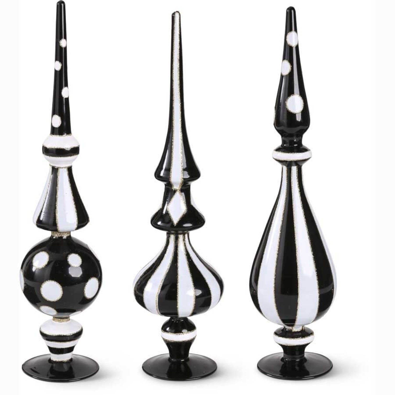 Set of 3 Glass Black and White Harlequin Tabletop Finials