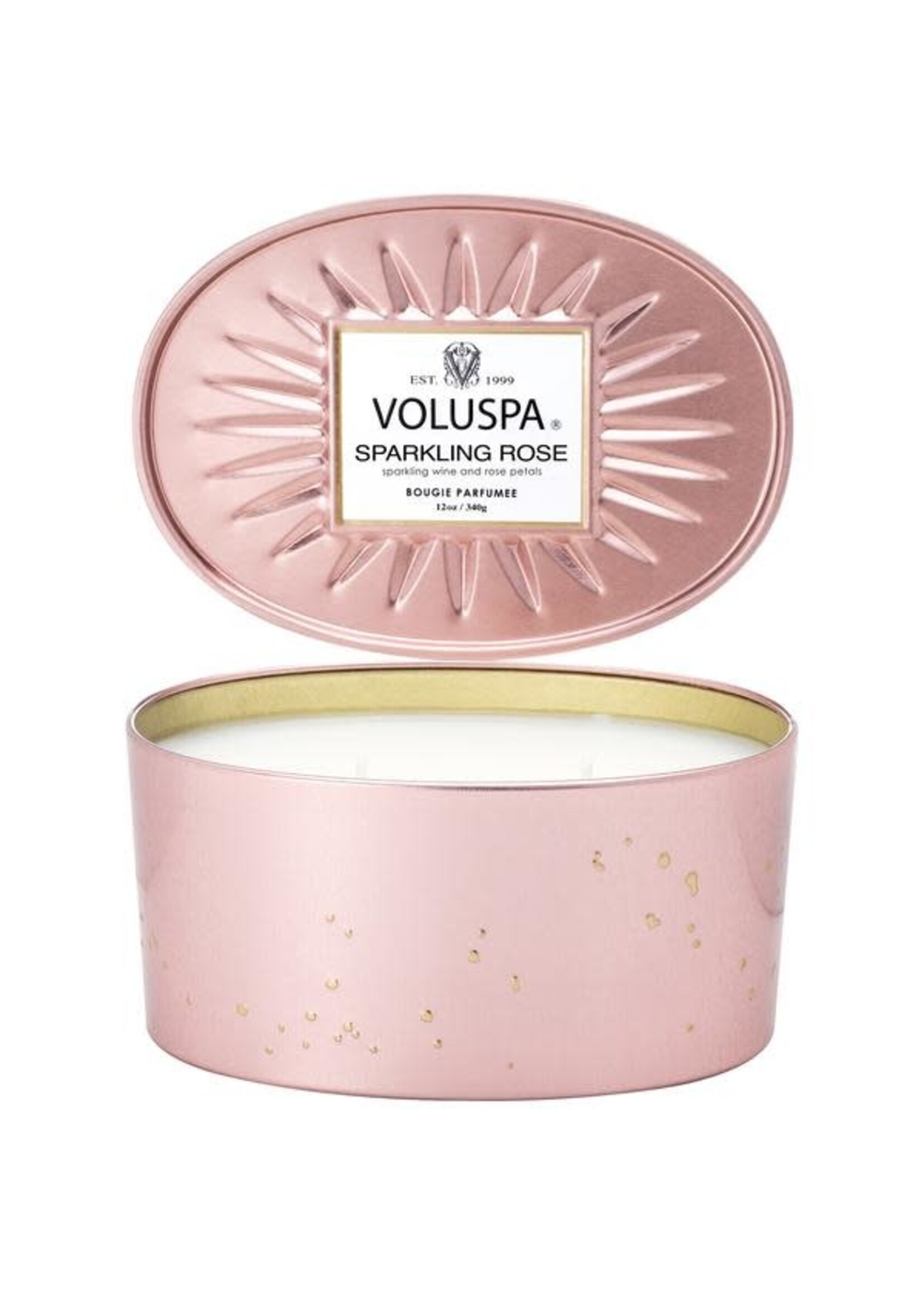 Voluspa Sparkling Rose 2 wick candle in a decorative oval tin