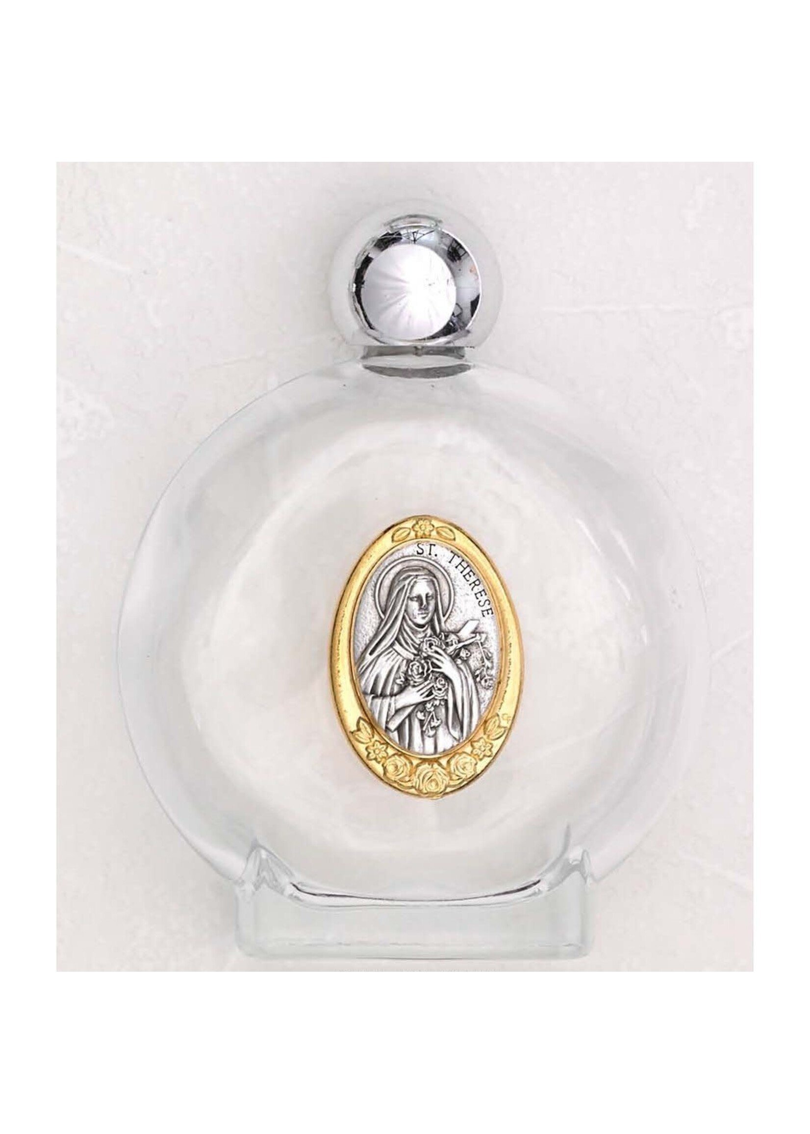 Large 4 oz Saint Therese of Lisieux Glass Holy Water Bottle with Two Tone Medal