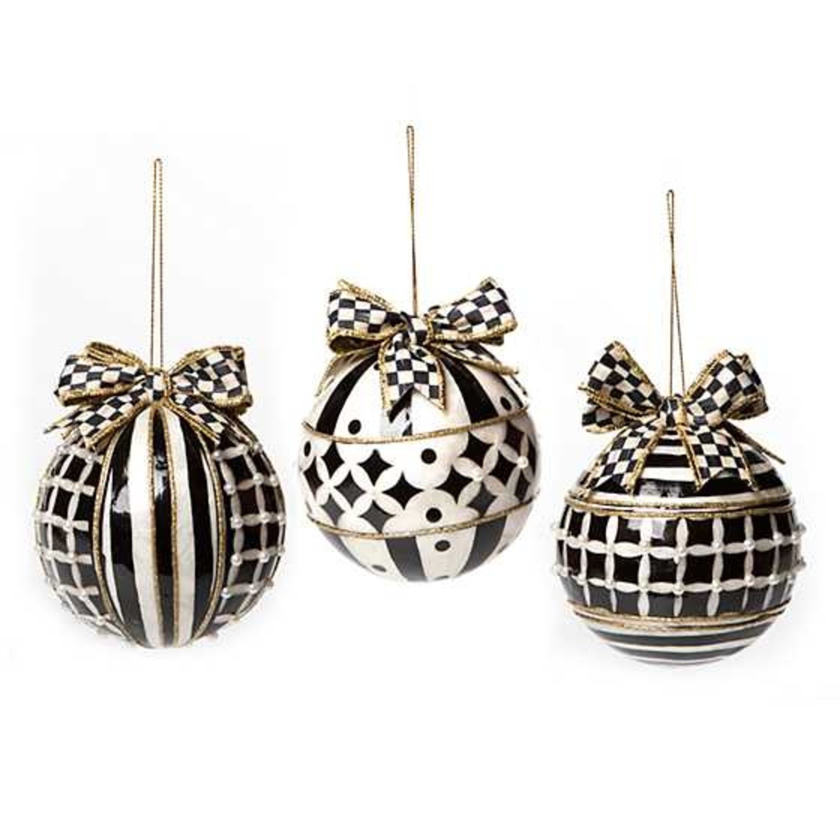 MacKenzie Childs Black & White Banded Capiz Ornaments - Set of 3