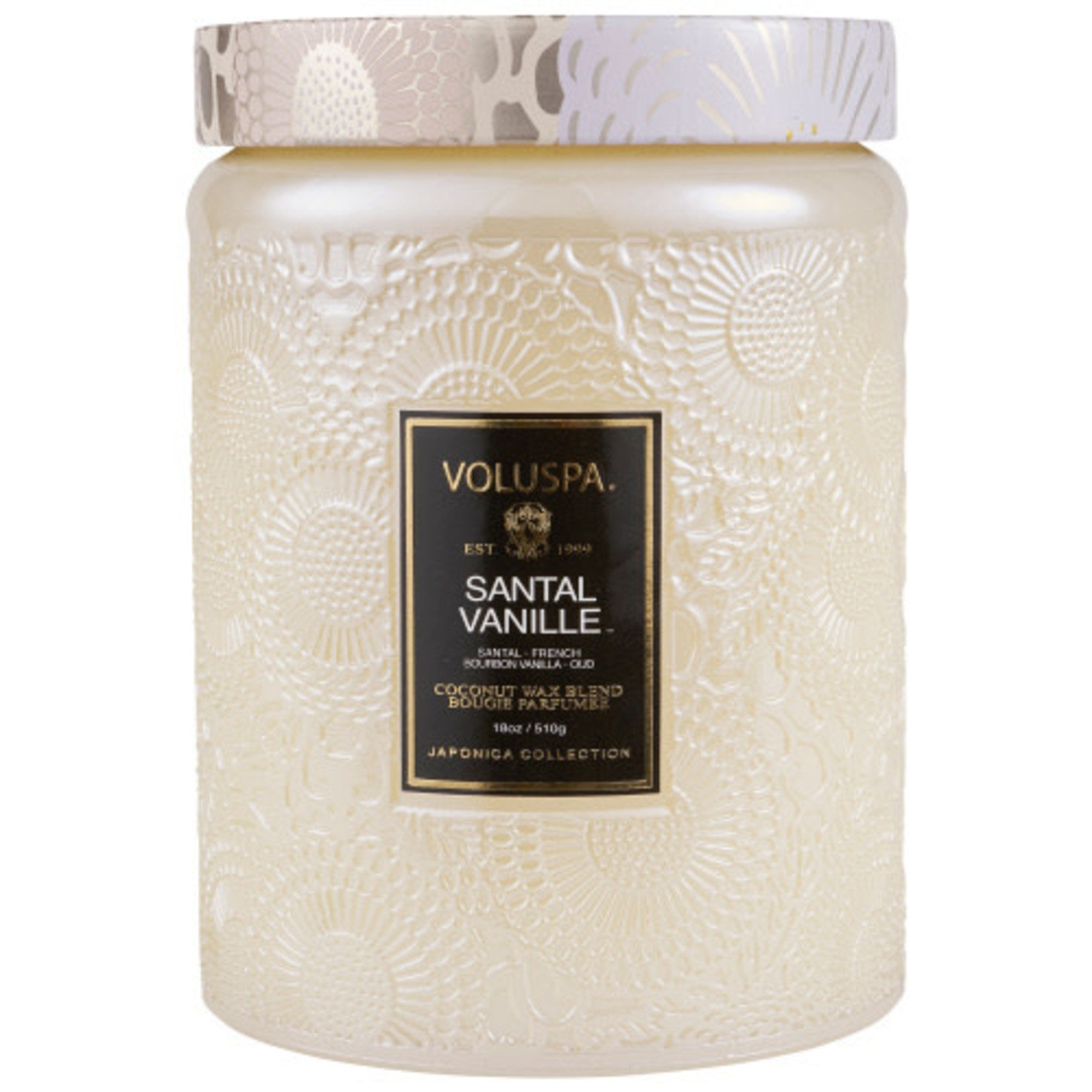 Voluspa Santal Vanille Large Embossed Glass Candle with lid