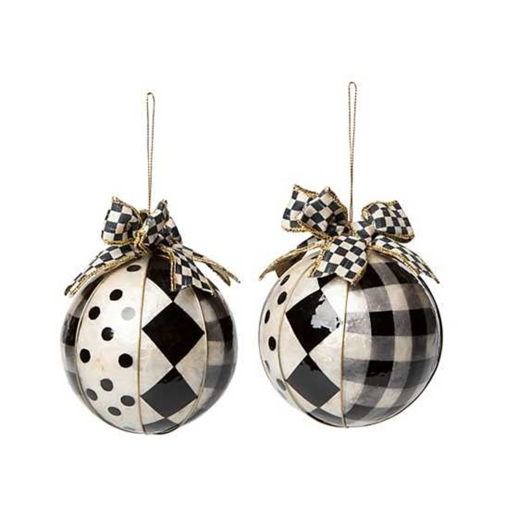 MacKenzie Childs Black & White Patchwork Capiz Ornaments - Set of 2