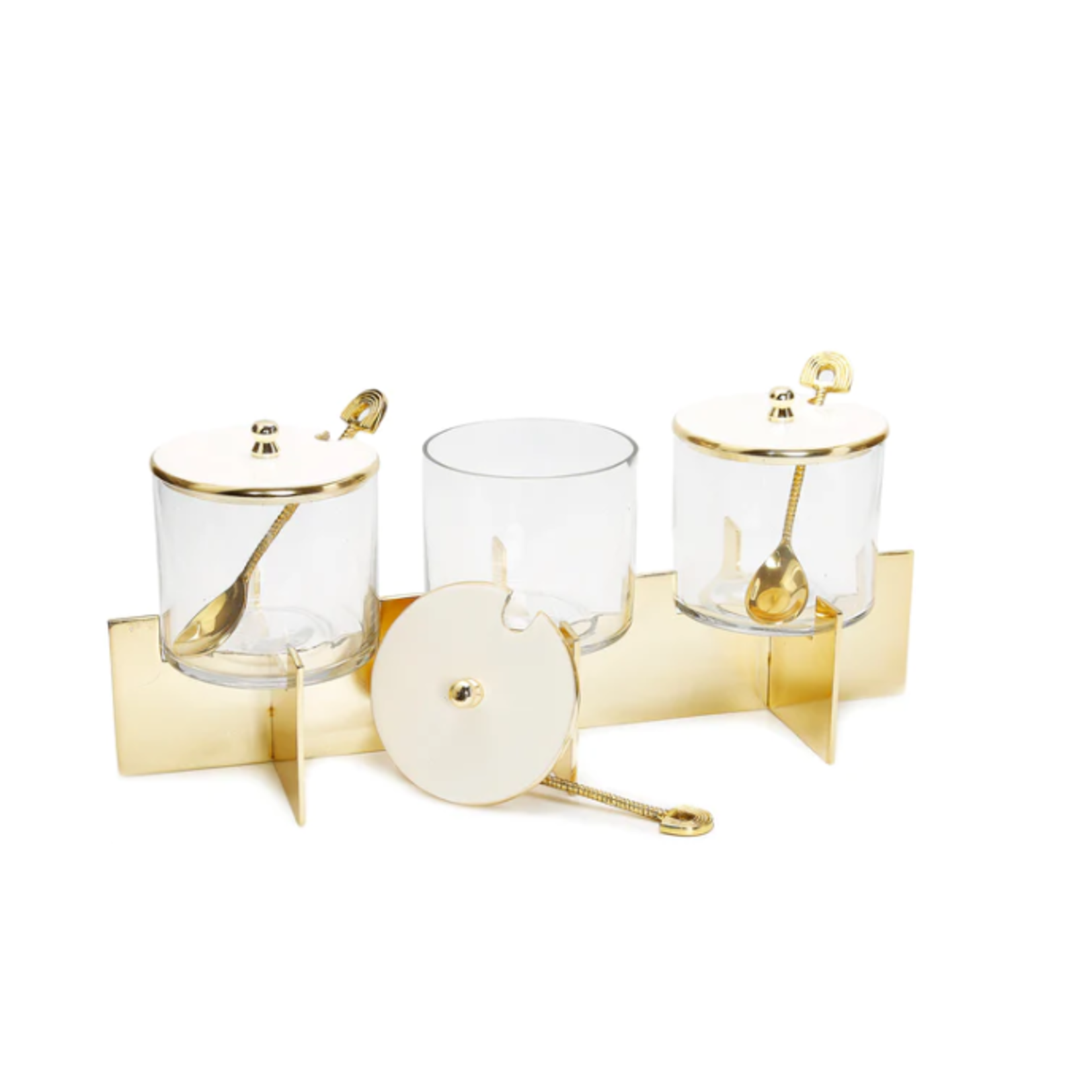 Three Glass Canister Set White Lids Gold Block Base