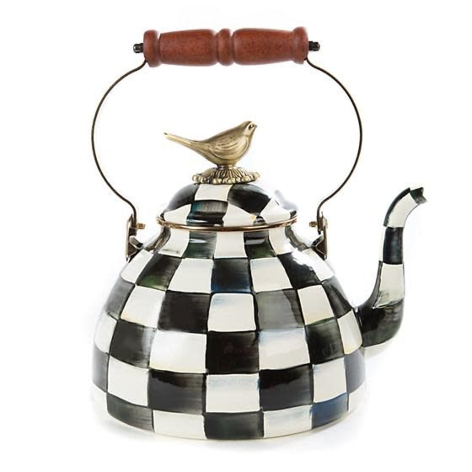 MacKenzie Childs Courtly check Enamel 3 Qt. tea kettle with Bird