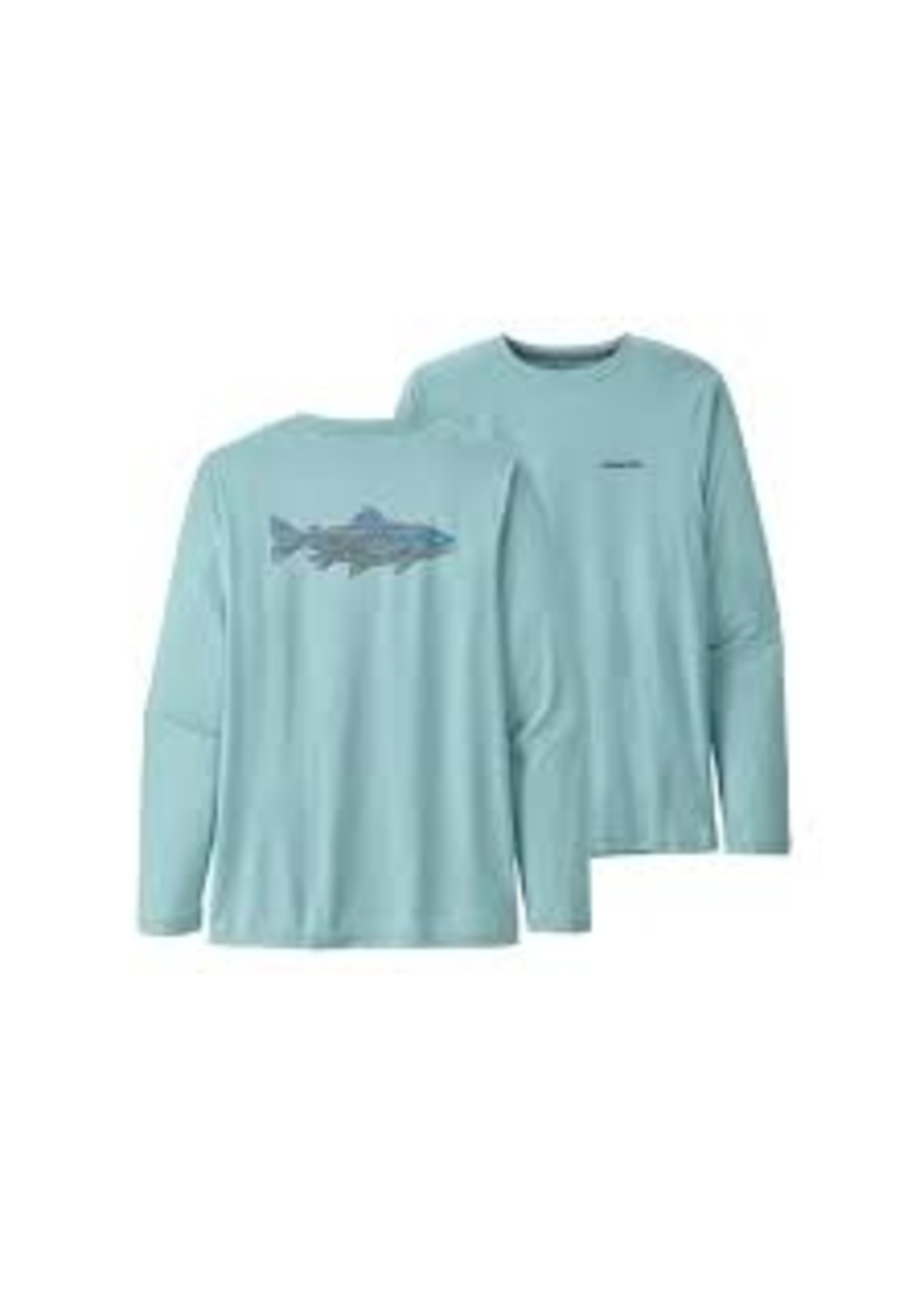 Patagonia M's L/S Cap Cool Daily Fish Graphic Shirt Woodgrain Fitz Roy  Trout: Fin Blue - Sweetwater Fly Shop