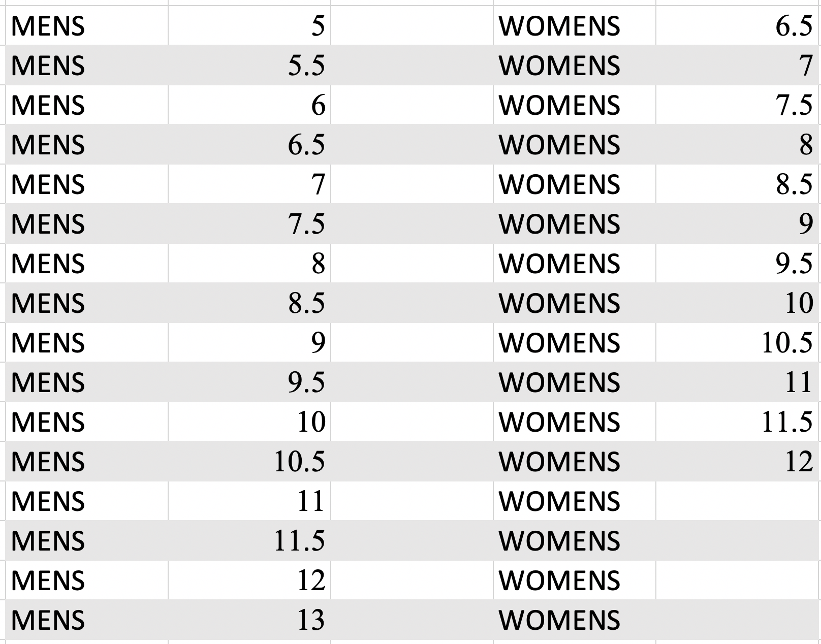 vans sk8 size chart