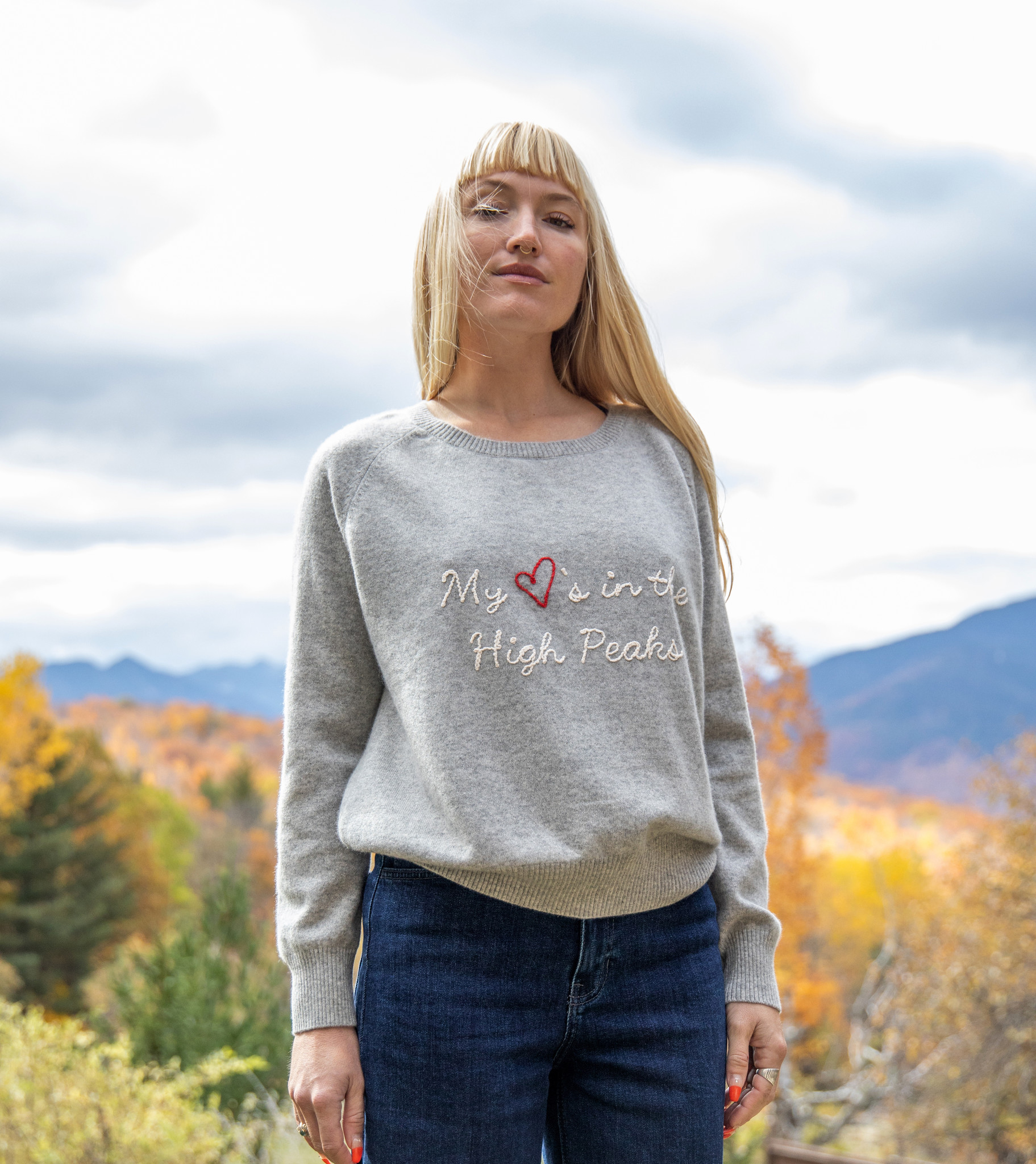 The Birch Store My ❤️'s in the High Peaks Embroidered Raglan Cashmere SweaterHigh Peaks Raglan Gray Cashmere Sweater