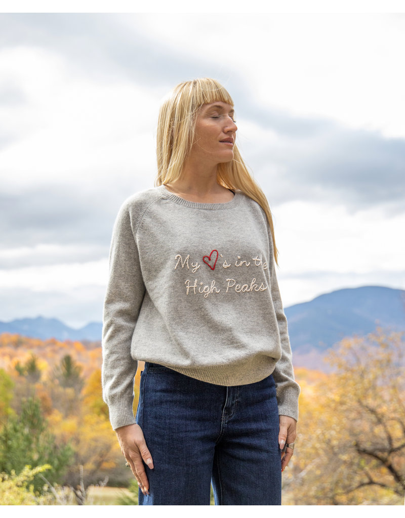 The Birch Store My ❤️'s in the High Peaks Embroidered Raglan Cashmere SweaterHigh Peaks Raglan Gray Cashmere Sweater