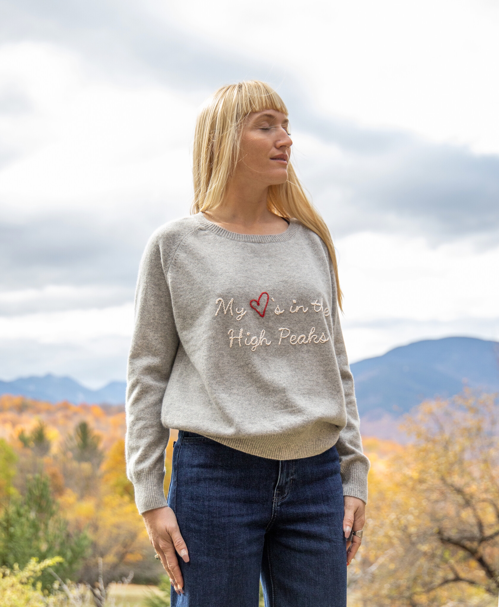 The Birch Store My ❤️'s in the High Peaks Embroidered Raglan Cashmere SweaterHigh Peaks Raglan Gray Cashmere Sweater