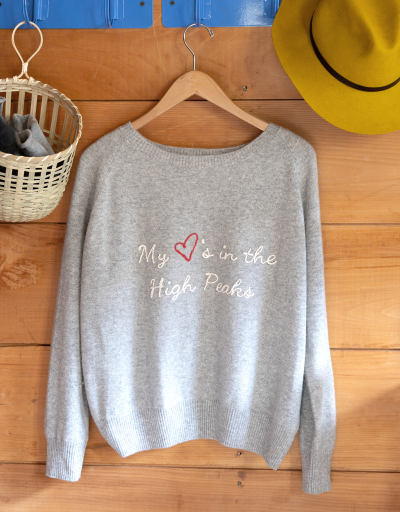 The Birch Store My ❤️'s in the High Peaks Embroidered Raglan Cashmere SweaterHigh Peaks Raglan Gray Cashmere Sweater