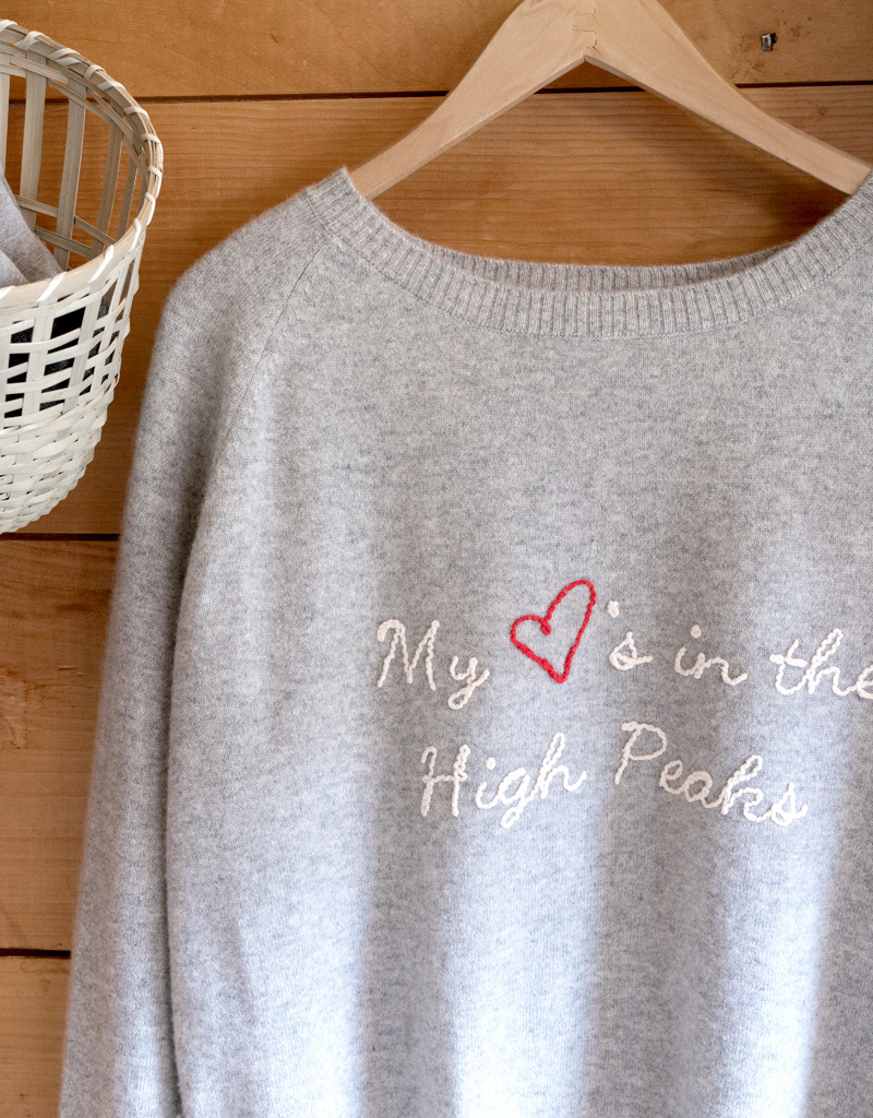The Birch Store My ❤️'s in the High Peaks Embroidered Raglan Cashmere SweaterHigh Peaks Raglan Gray Cashmere Sweater