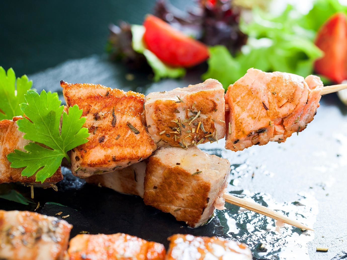 GRILLED SALMON BROCHETTE MARINATED IN TOMAHAWK BLEND