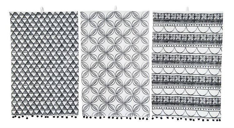 28”x18” Cotton Tea Towel black and white w/ Pom poms