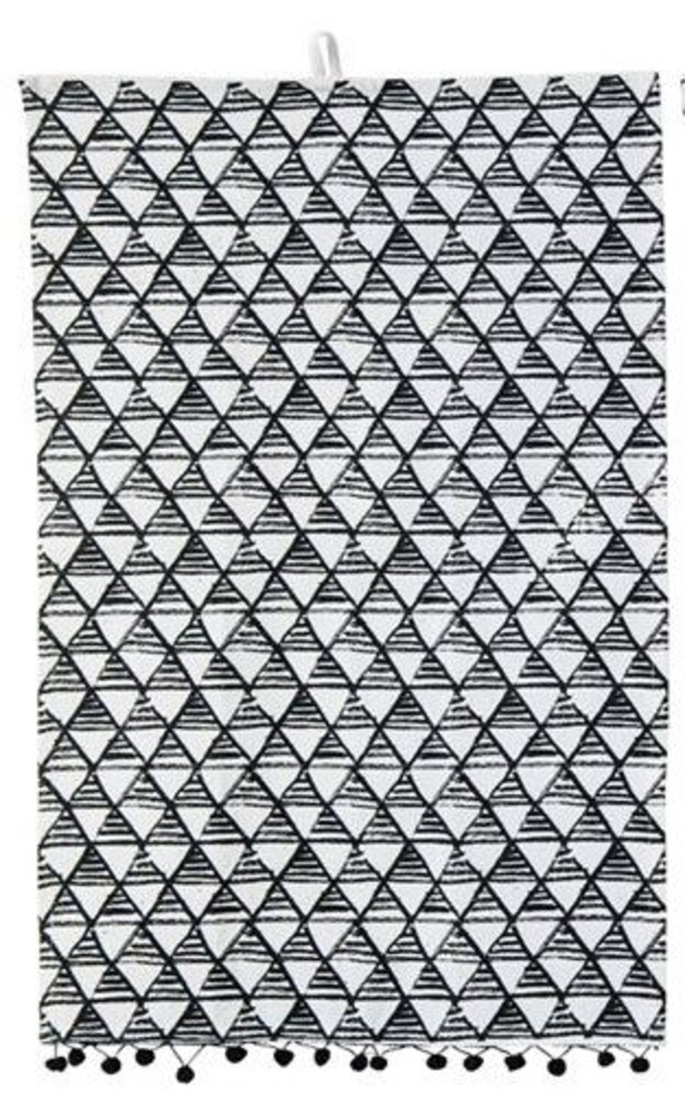 28”x18” Cotton Tea Towel black and white w/ Pom poms