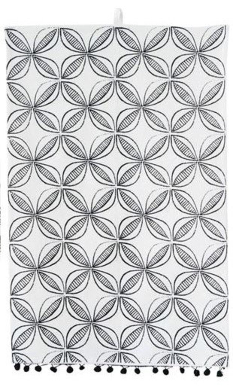 28”x18” Cotton Tea Towel black and white w/ Pom poms