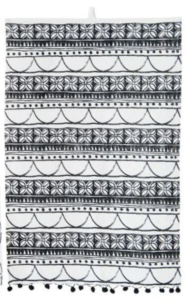 28”x18” Cotton Tea Towel black and white w/ Pom poms