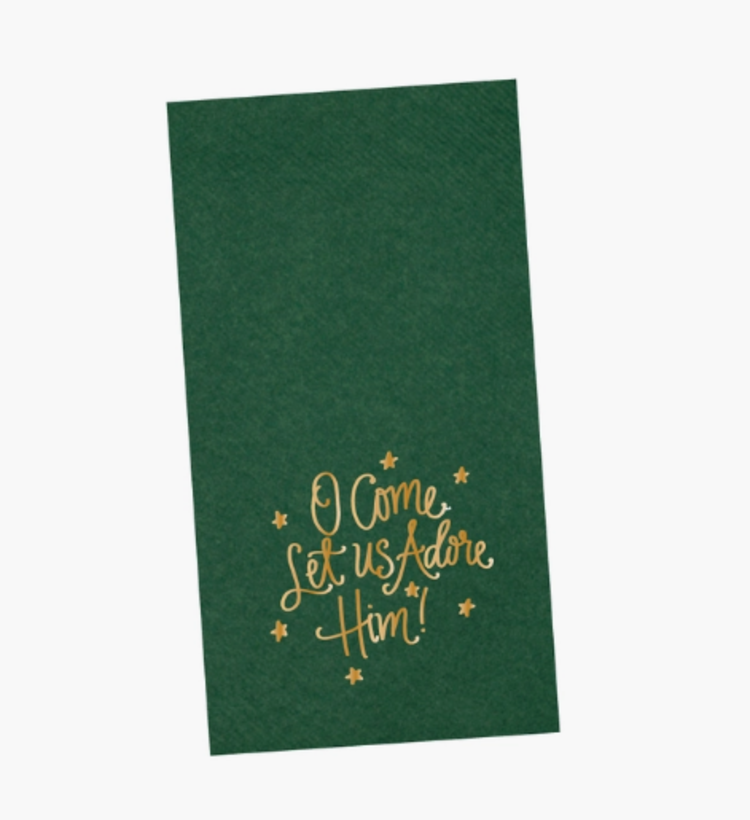 Guest Towel Napkins O Come Let us Adore Him Green