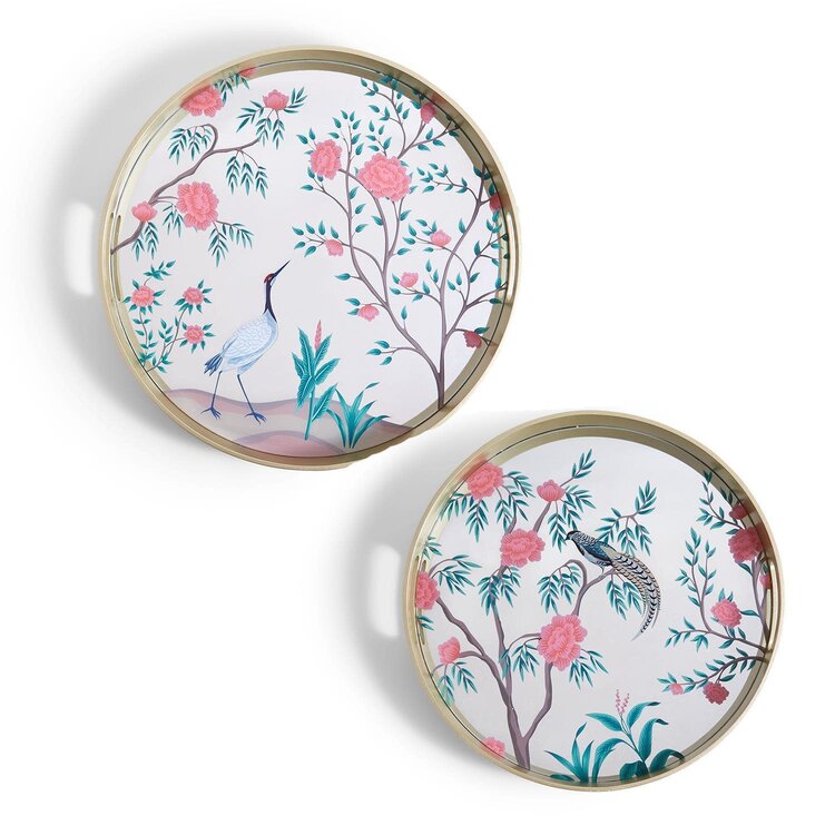 Round Floral Painted Mirror Tray