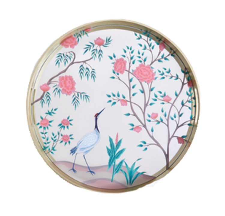 Round Floral Painted Mirror Tray