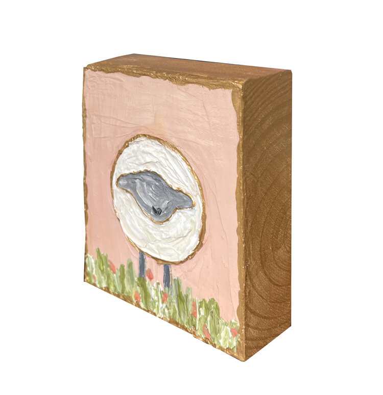 Sheep on Wood Block 5.5" Pink