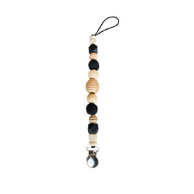 Black and Beige Wood and Silicone Beaded Paci Clip