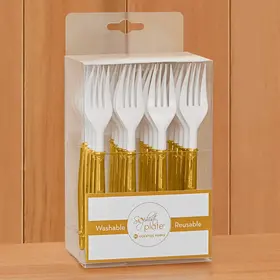 White w/ Gold Handle Cocktail Forks 20ct