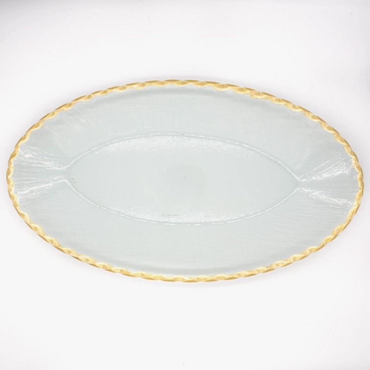 Textured Glass Oval Serving Tray with Gold Rim