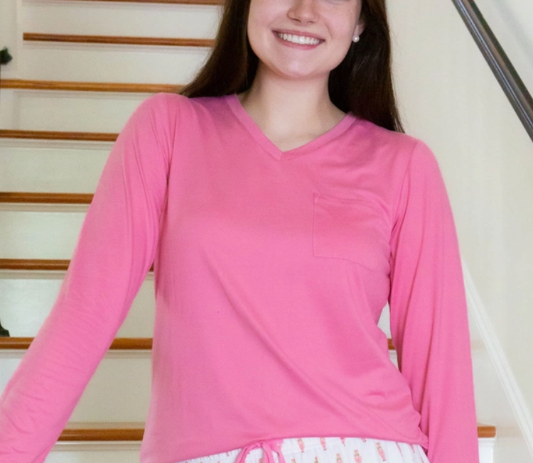 Highlands V-Neck Long Sleeve Pink Tee