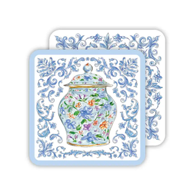Handpainted Blue Chinoiserie Urn With Filigree Paper Coaster