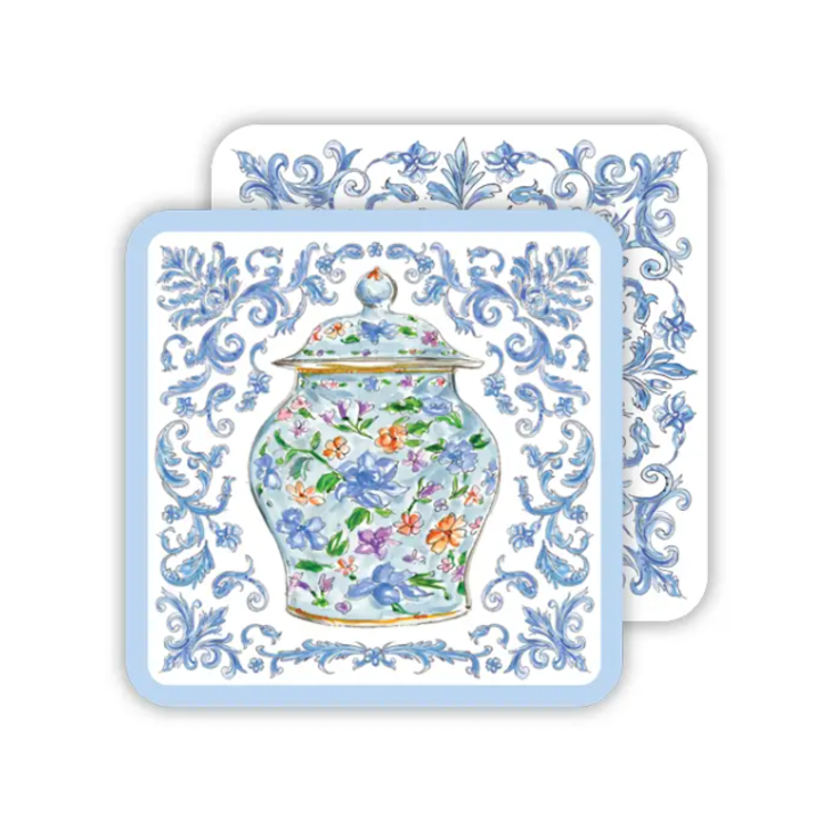 Handpainted Blue Chinoiserie Urn With Filigree Paper Coaster